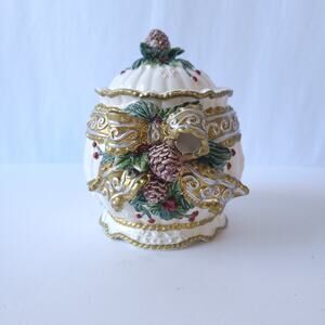 Hand Painted Ceramic Candy Jar Holiday Christmas Pinecone Ribbon Green Gold